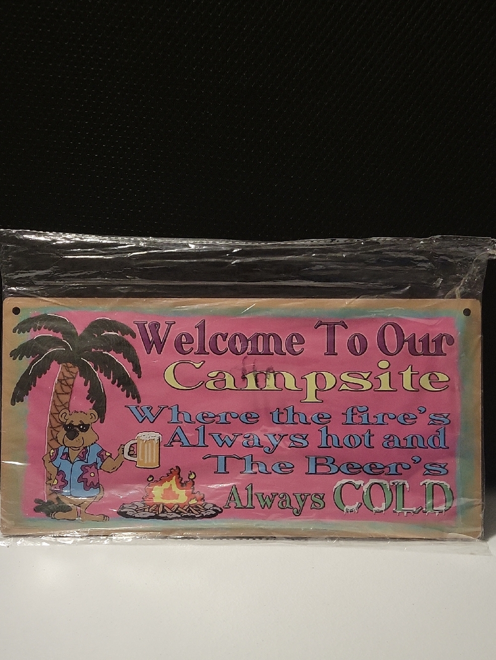 Welcome To Our Campsite Pink Wall Sign - Tropical Camper Decor 12x6 Wood